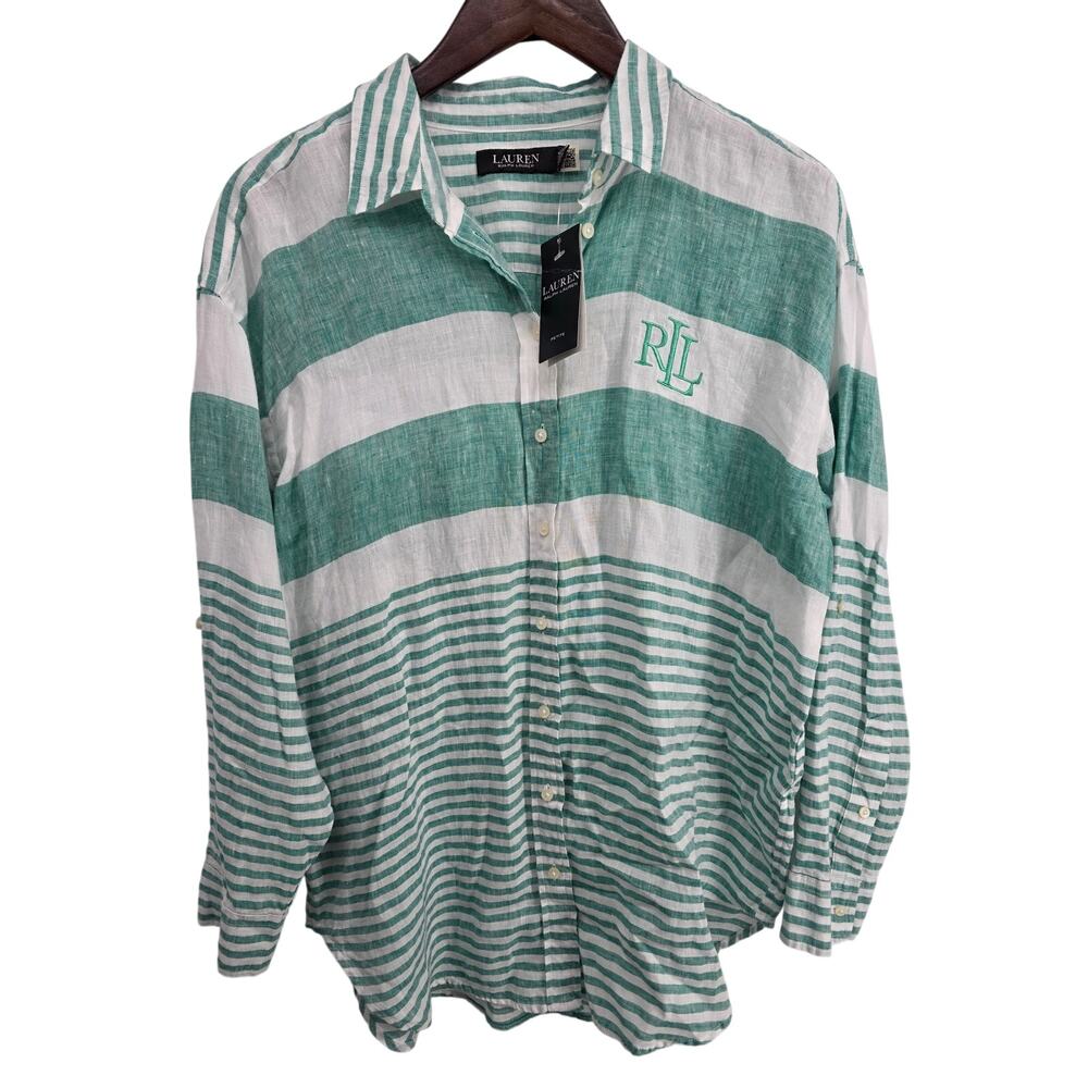 NWT Linen Lauren Ralph Lauren Stripe Green Button Down Size Petite Large